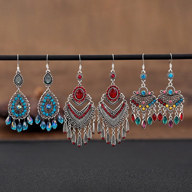 Retro purple alloy drop earrings with crystal elements and long fringe detailing