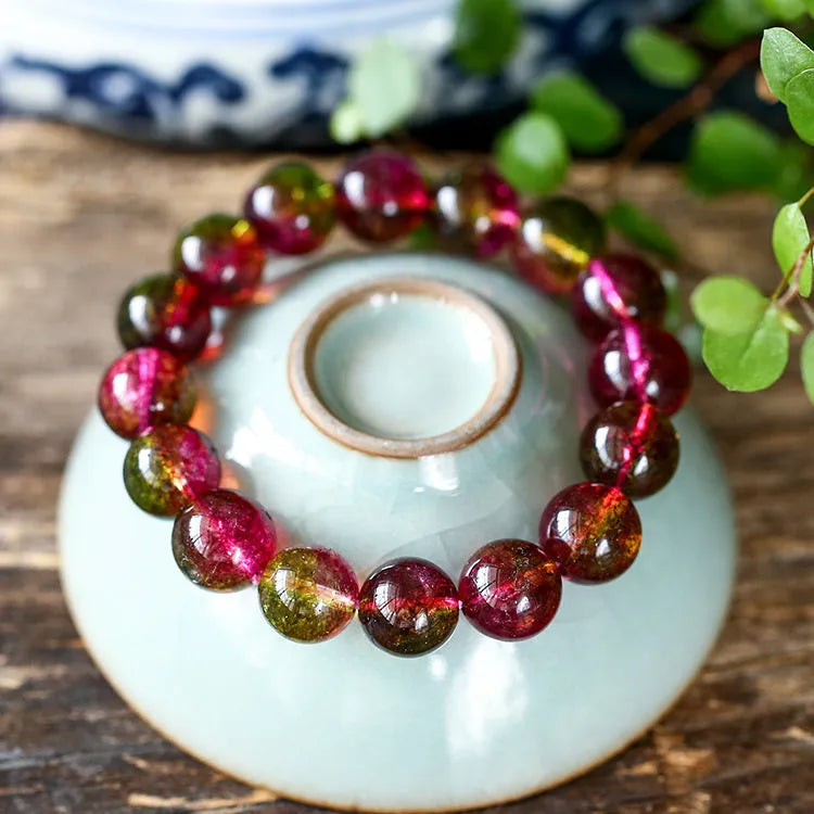 Women's handmade watermelon crystal bracelet in pastoral style showing bead detail