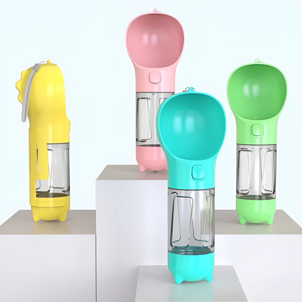 300ml multi-functional pet water bottle in yellow with side poop shovel and bottom garbage bag compartment