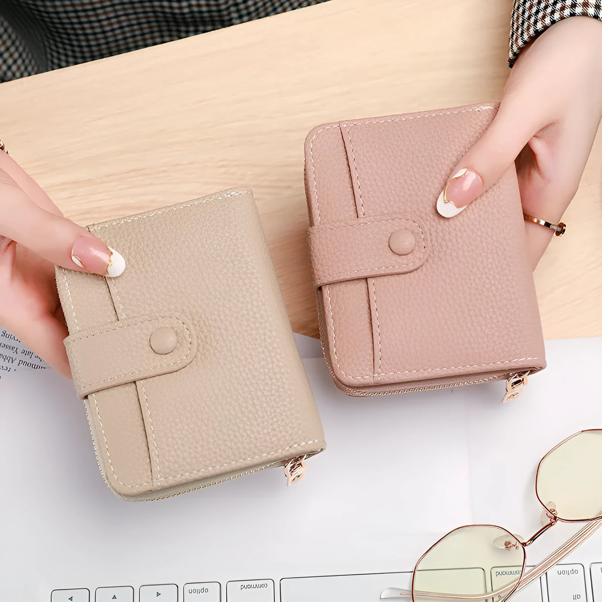 Women's short wallet in PU with lychee pattern, shown in beige, pink, black, and red colour options.