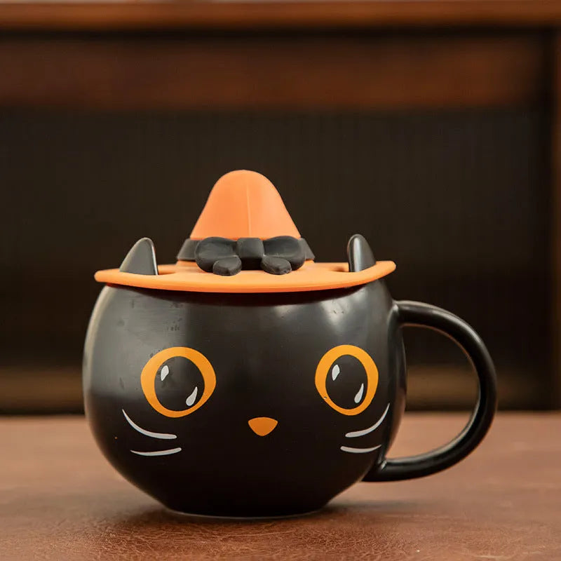 Black ceramic cat-shaped mug with covered spoon lid, 355ml capacity