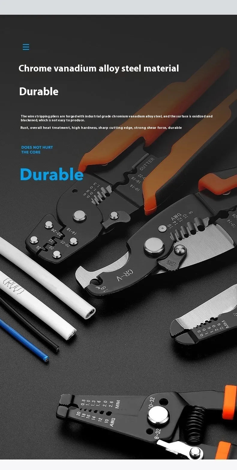 Fully automatic wire stripping pliers tool with high carbon steel blades, mounted in a storage box.