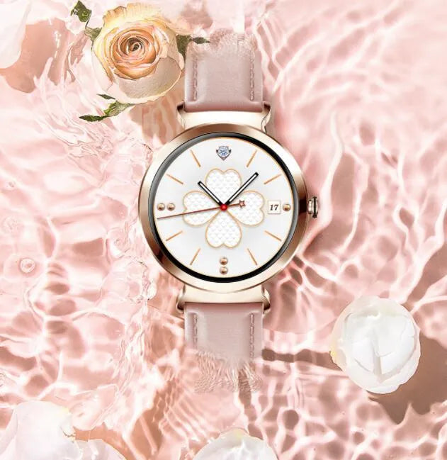 Zinc alloy smart bracelet jewellery watch with colourful strap options on a wrist.