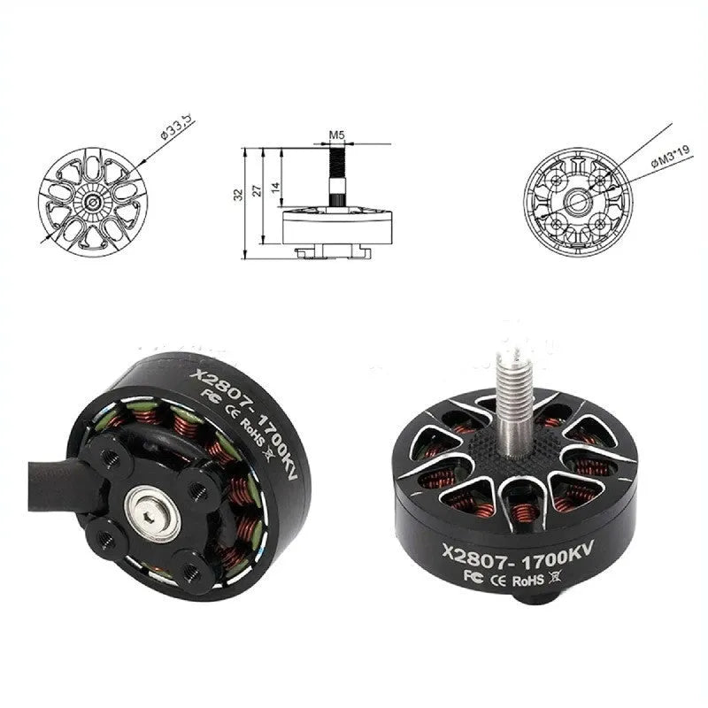 Black brushless DC motor with 1300KV, 1500KV, or 1700KV rating, below 36V, for crossing machines.