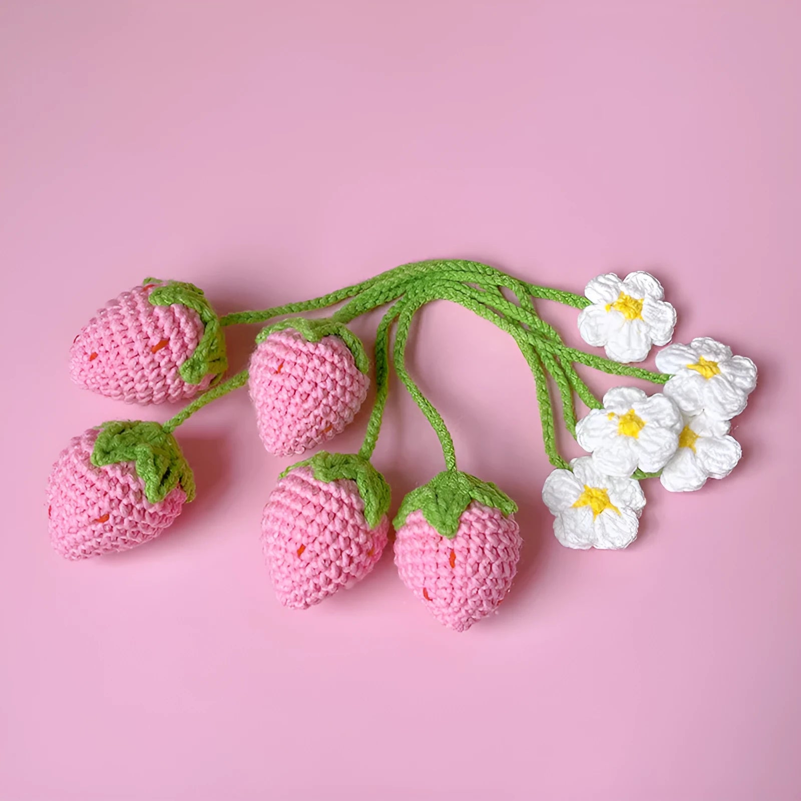 Wool crochet woven strawberry pendant with 35cm cord in pink or red colour options
