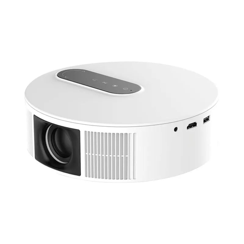 White HD home projector with remote control for bedroom cinema viewing