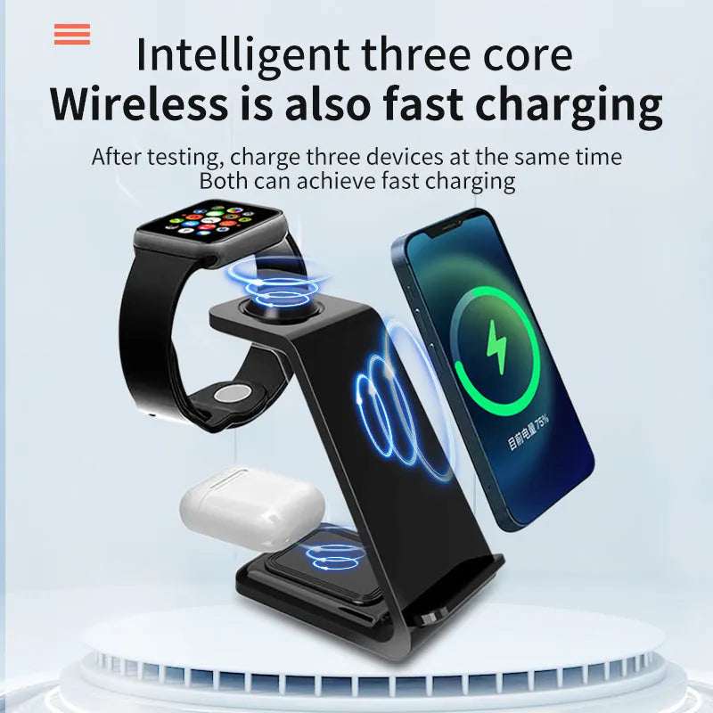 White upright wireless charging stand holding a mobile phone, with a Type-C cable connected.