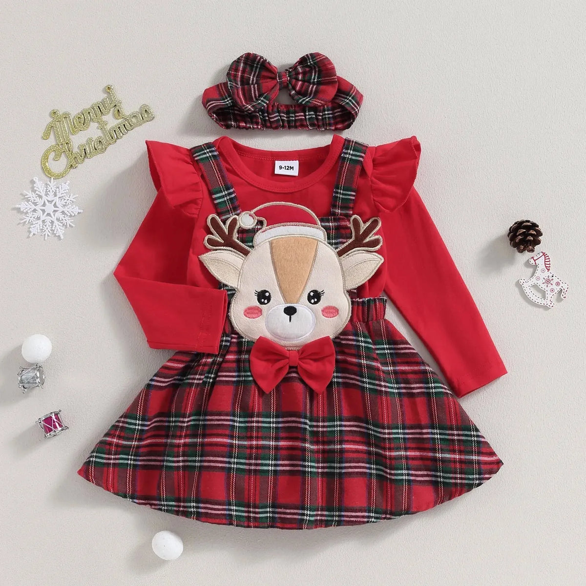 Red Christmas baby girl set with jumpsuit, skirt and headband in sizes 0-3 to 12-18 months