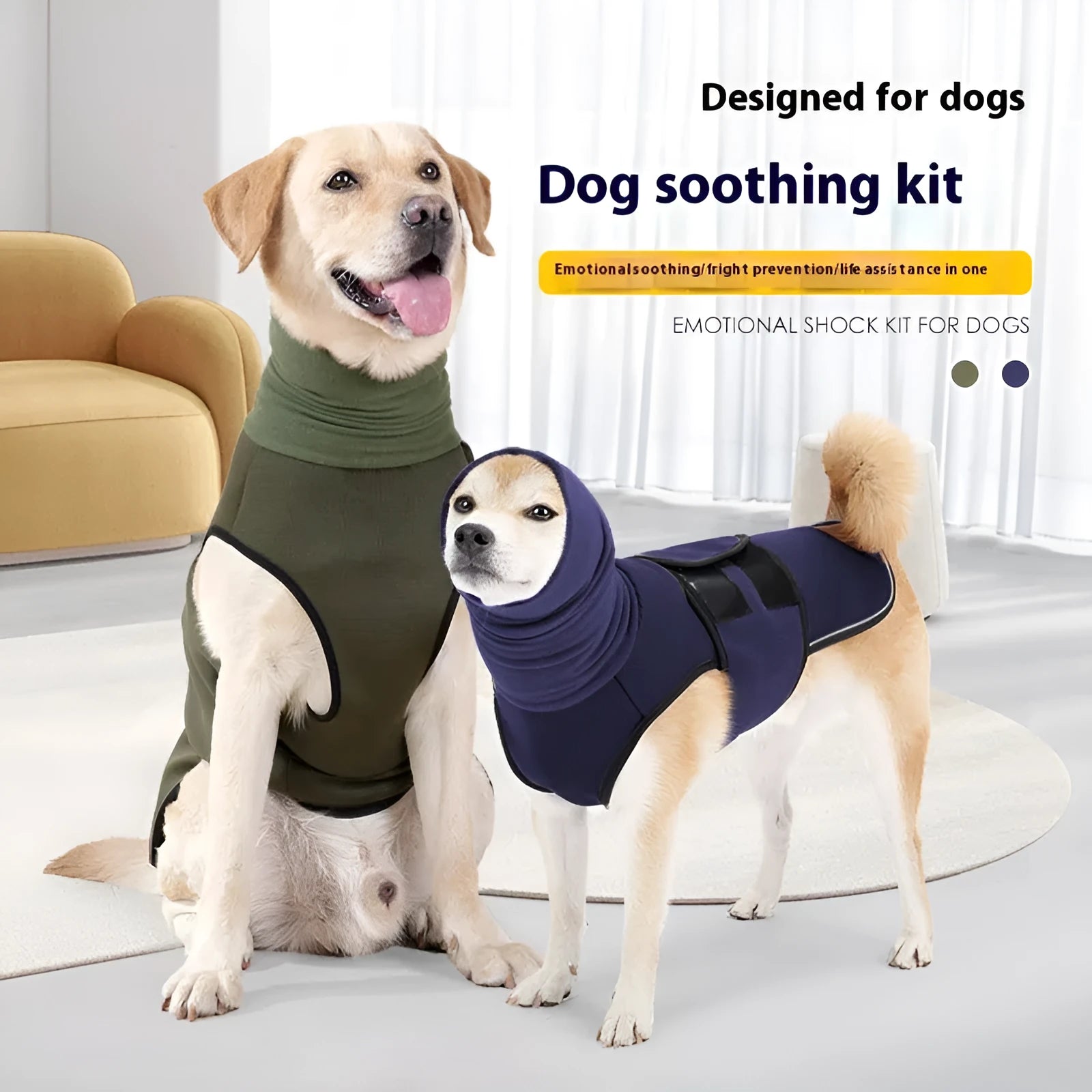 Army green dog anti-anxiety jacket providing calming compression for pet stress relief.