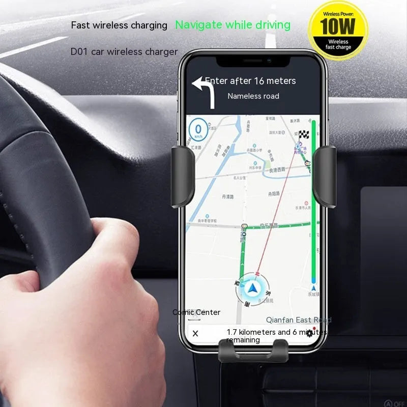 D12 black car wireless charger with air outlet clip, Type-C input, 9.8 x 4.6 x 11cm ABS body