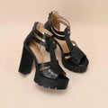 Round-toe platform high heel sandals with back zipper in black, wine red, or yellow