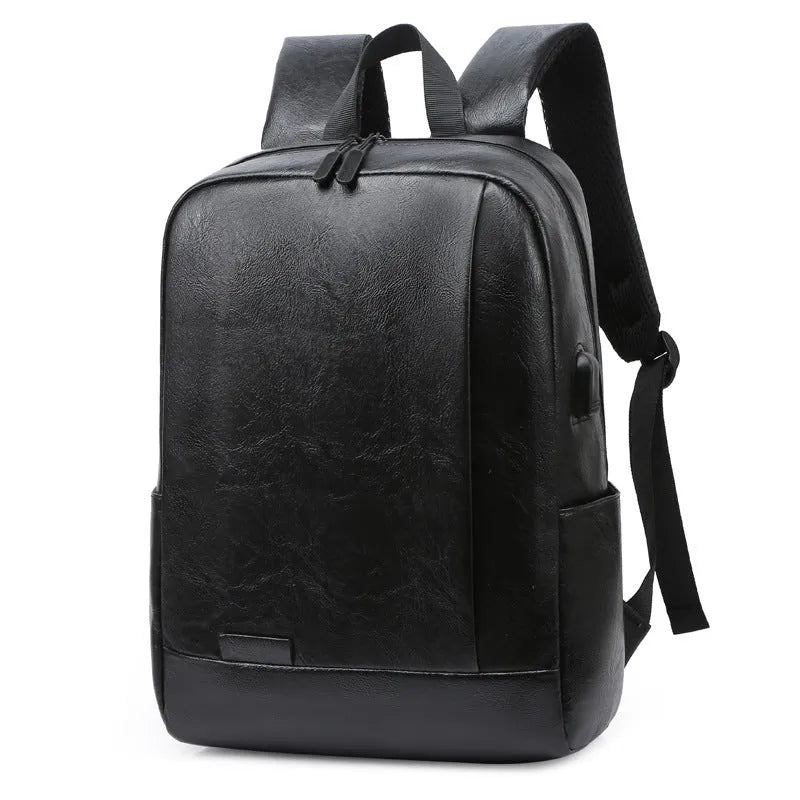 Black men's casual backpack with PU outer and polyester lining, waterproof, under 20L capacity