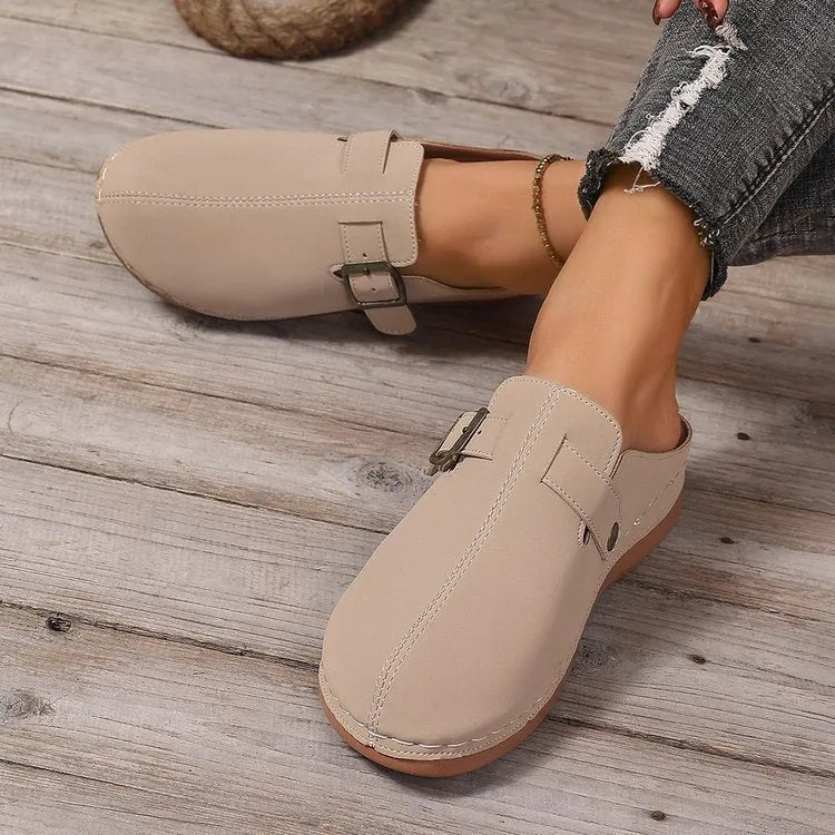 Women's casual wedge slippers in light brown with closed toe and rubber sole
