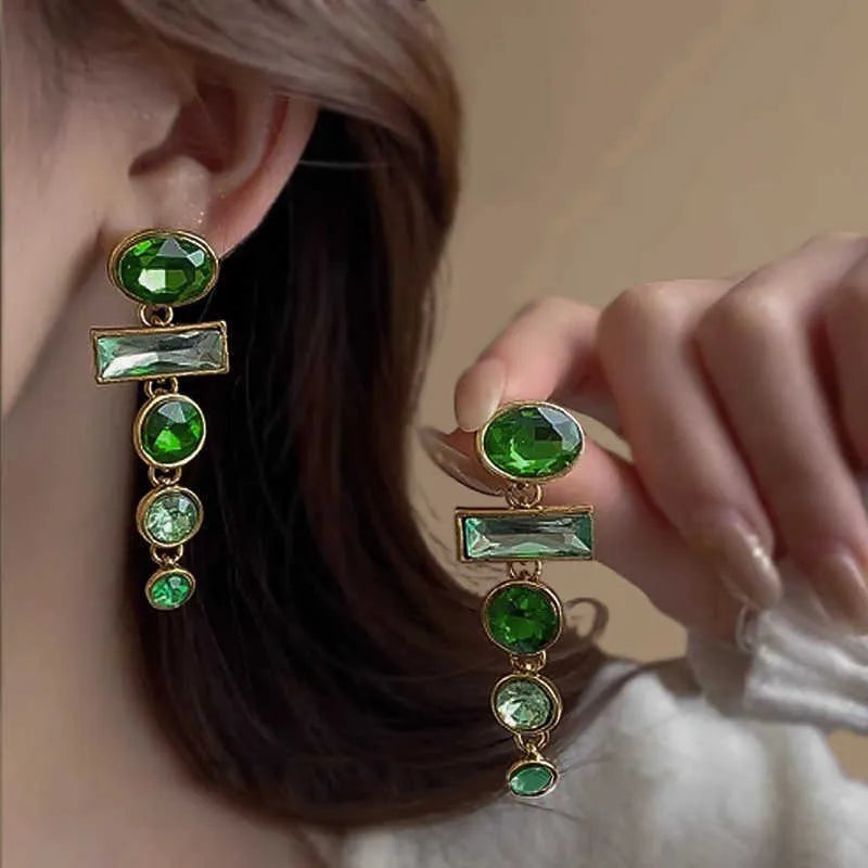 Green gradient geometric Chinese style earrings with zircon inlay and tassel details