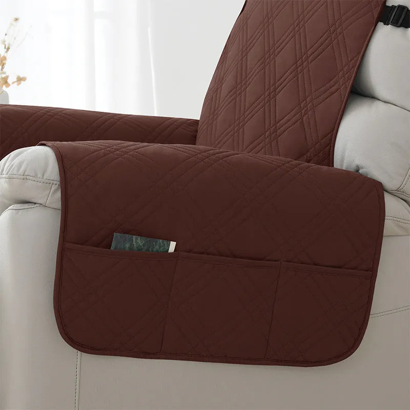 Quilted waterproof sofa cover for a Chivas massage chair in a burgundy colour, showing three-line stitching detail.