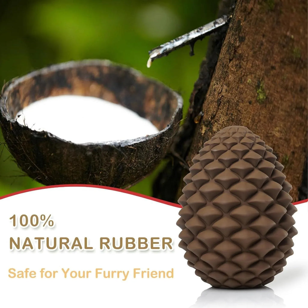 Yellow pine cone shaped natural rubber dog chew toy with treat dispenser