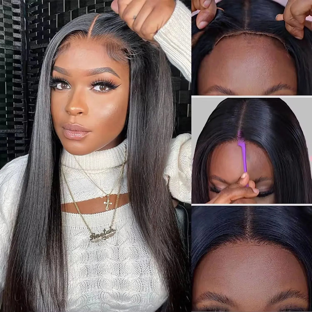 A glueless human hair straight wig with side bangs, shown in a long length.