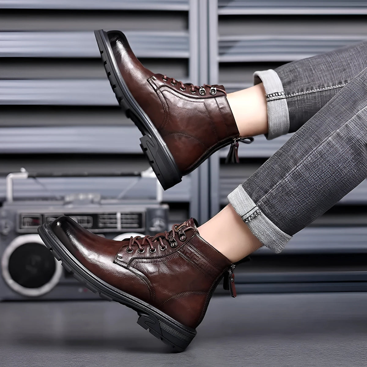 Black or brown patent leather ankle boots with low square heel, rubber sole and high cylinder sock length, sizes 38-44