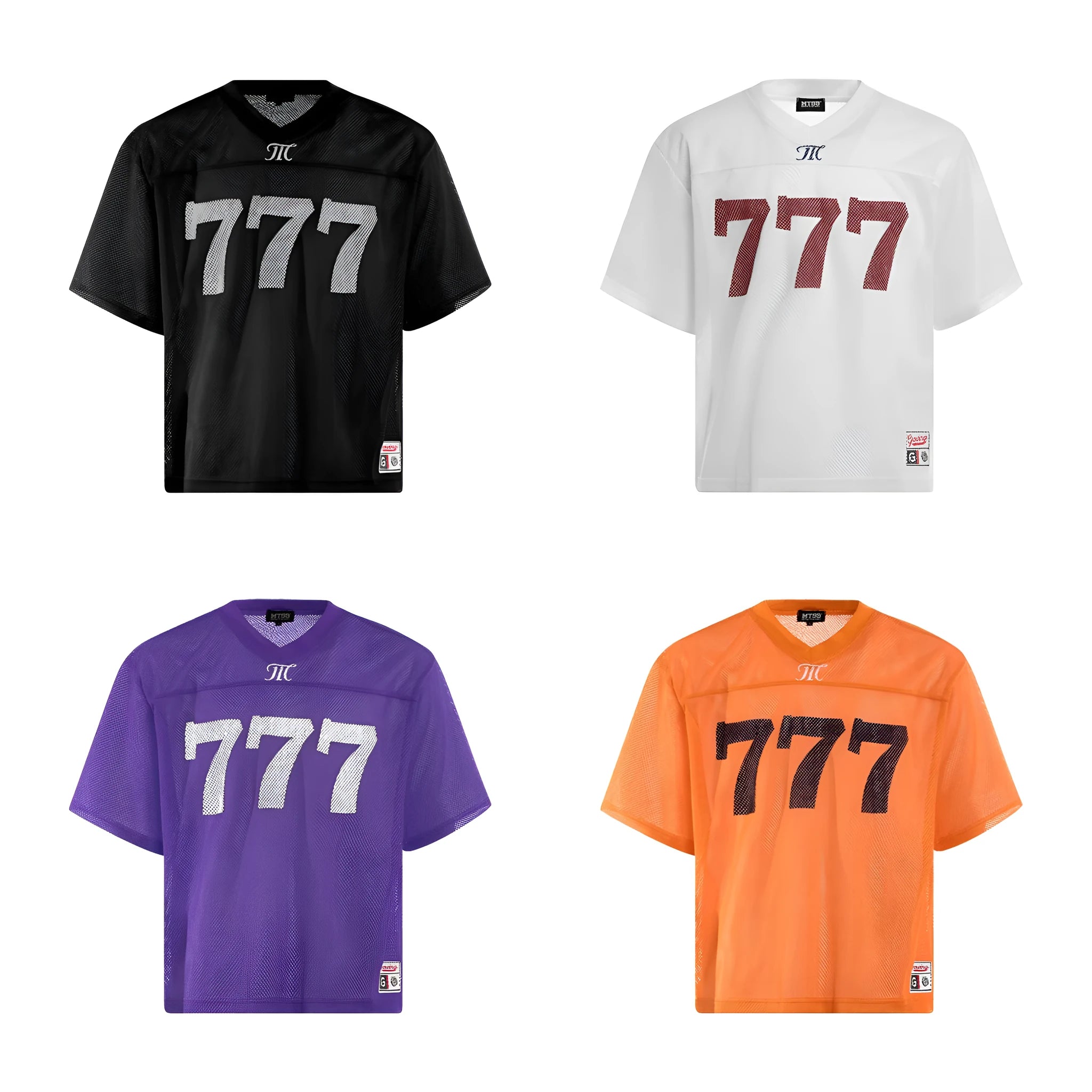 Loose fit retro style t-shirt in polyester fabric showing colour options black white purple orange