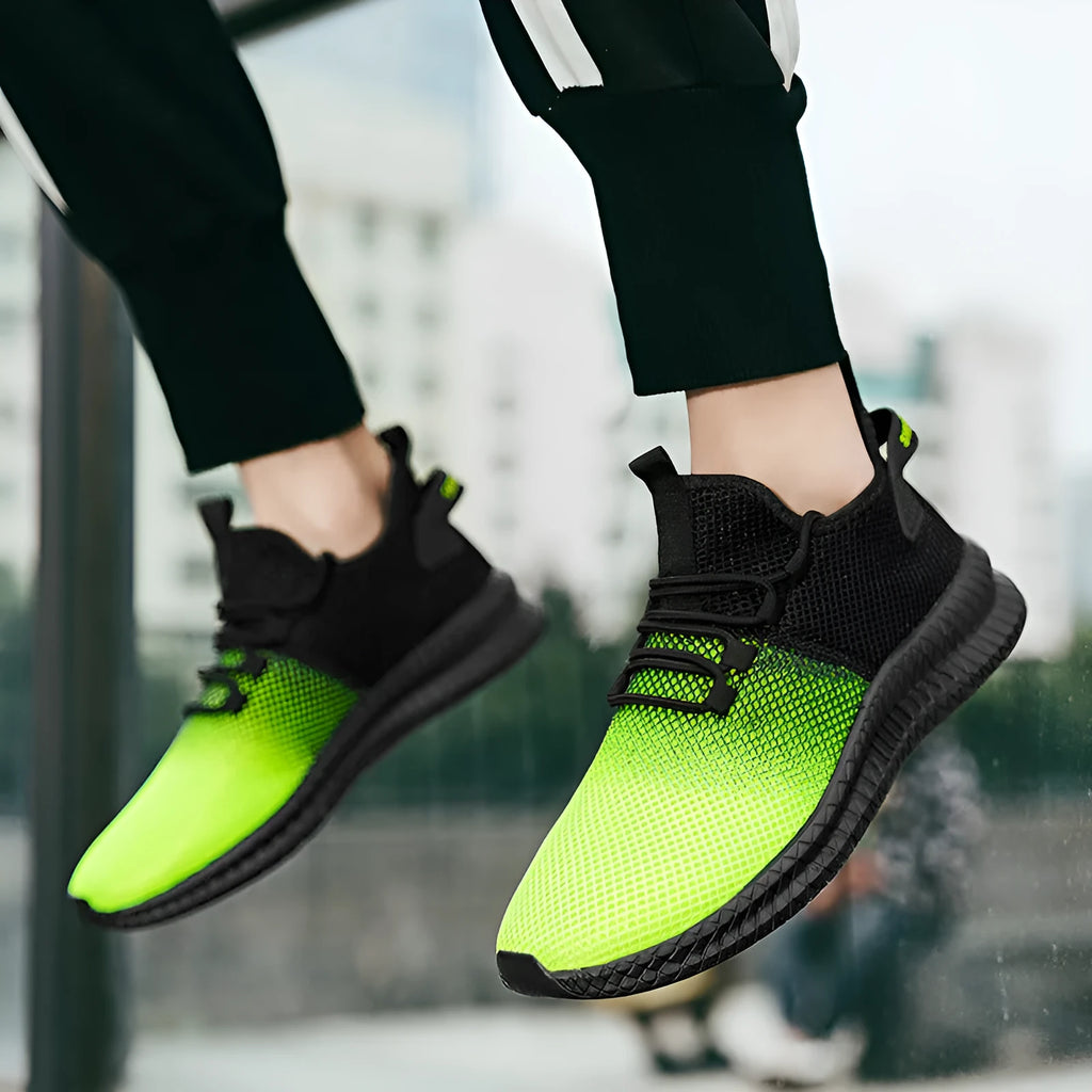 Men's low top gradient colour mesh casual sneakers with MD sole, lace up, in green white or red
