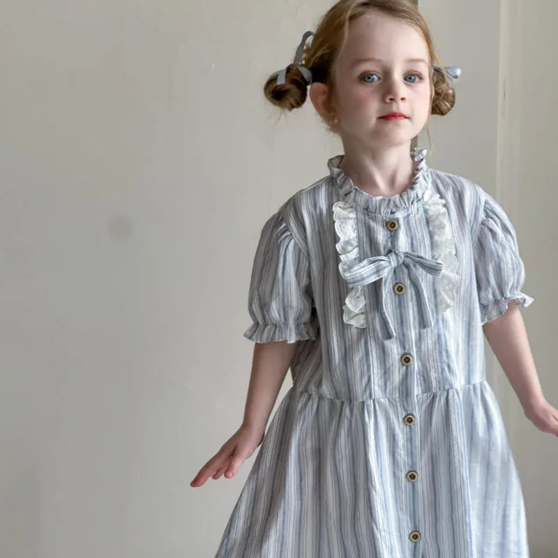 Baby girl short sleeve cotton dress in light blue stripes with A-line skirt and non-slip design, sizes 90cm to 130cm