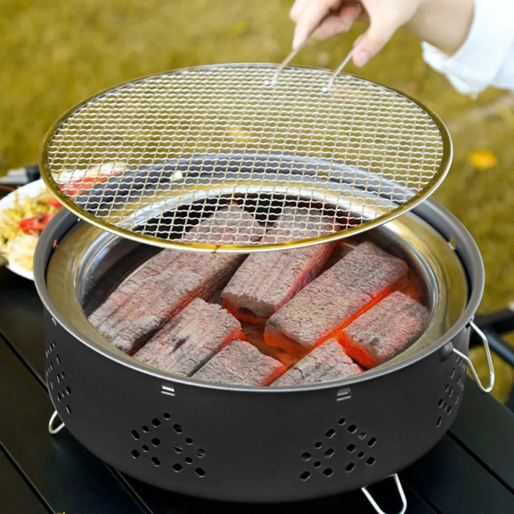 Portable stainless steel campfire grill with detachable split design, white, 31cm by 31cm, for outdoor BBQ camping and picnics