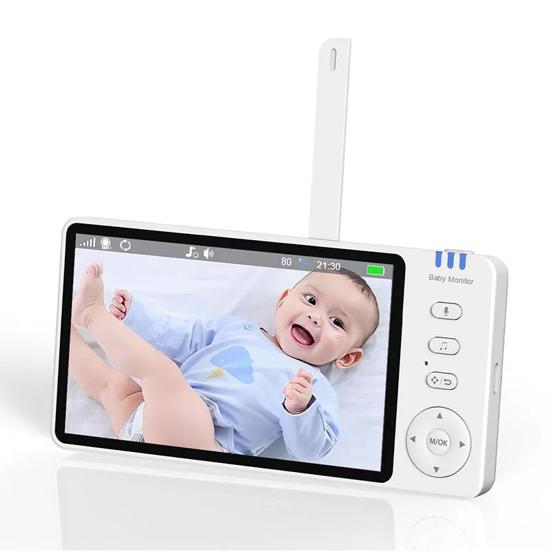 White HD wireless baby monitor with 5-inch screen showing room temperature display