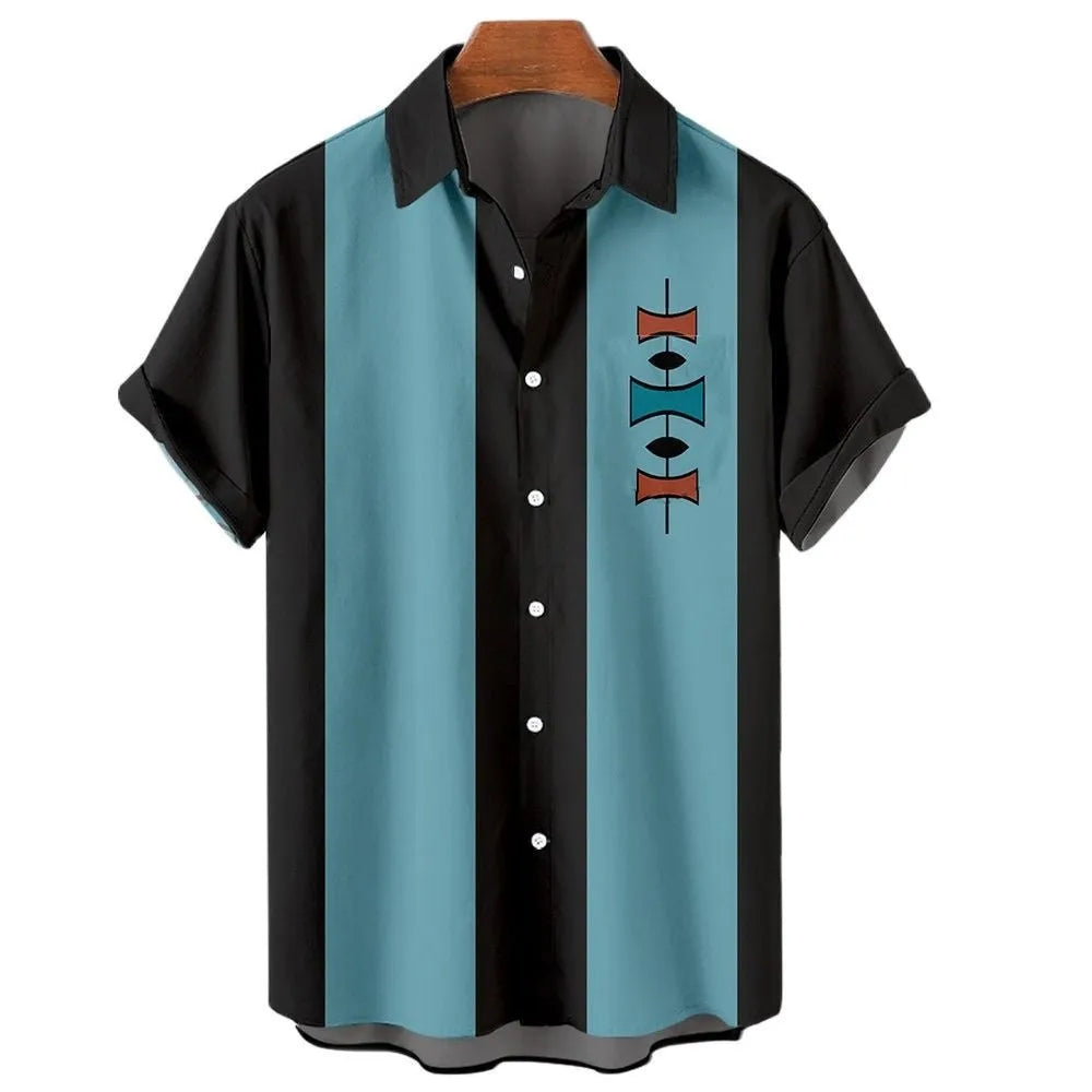 Men's striped Hawaiian casual shirt with button front and short sleeves in polyester fabric
