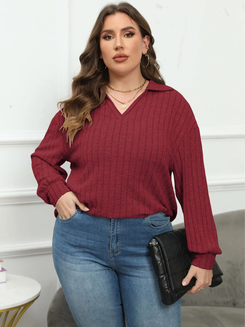 Women's plus size grey polo collar fleece pullover with lantern sleeves, Gothic street fashion style