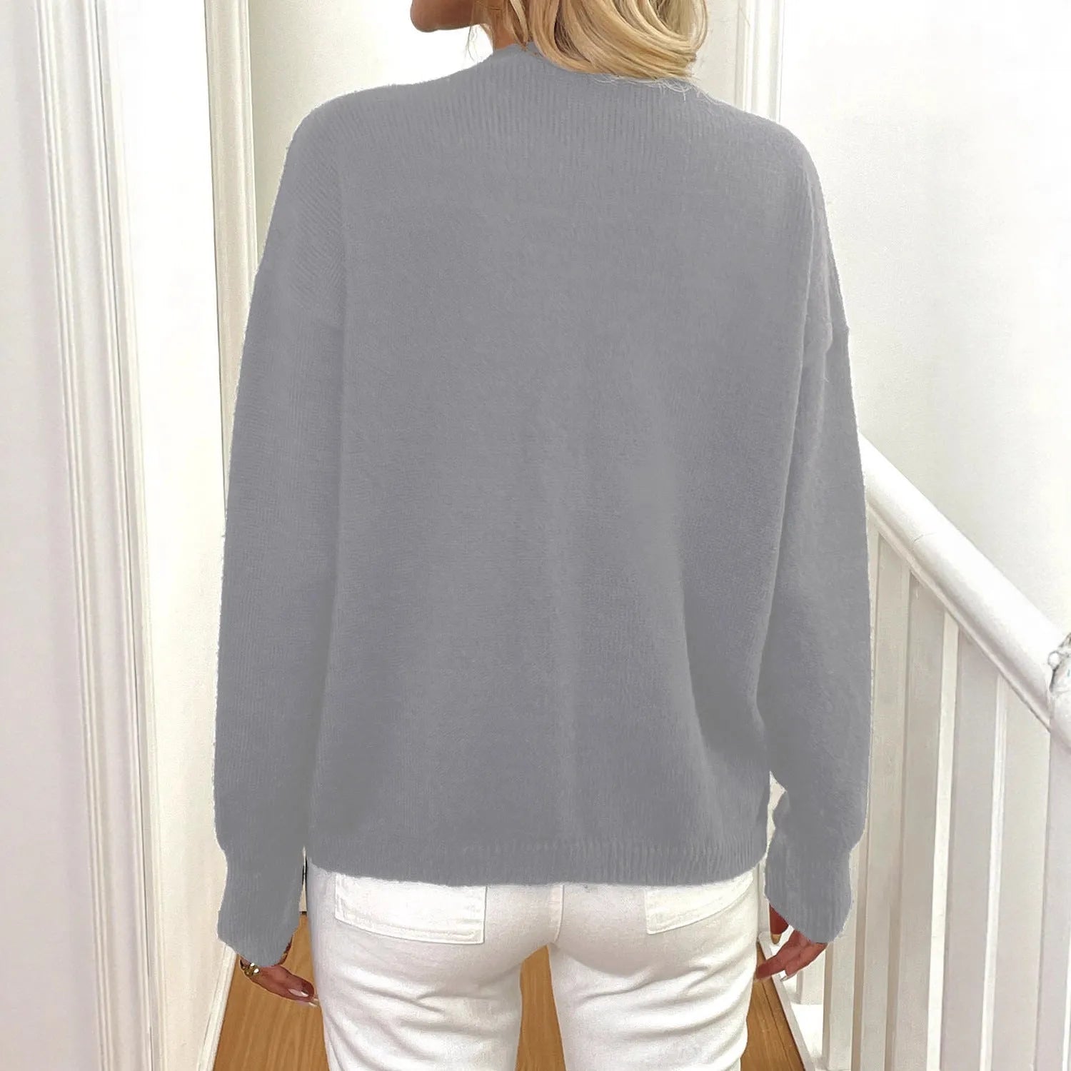 Women's deer plush sweater coat with princess sleeves and irregular street hipster cut in grey colour