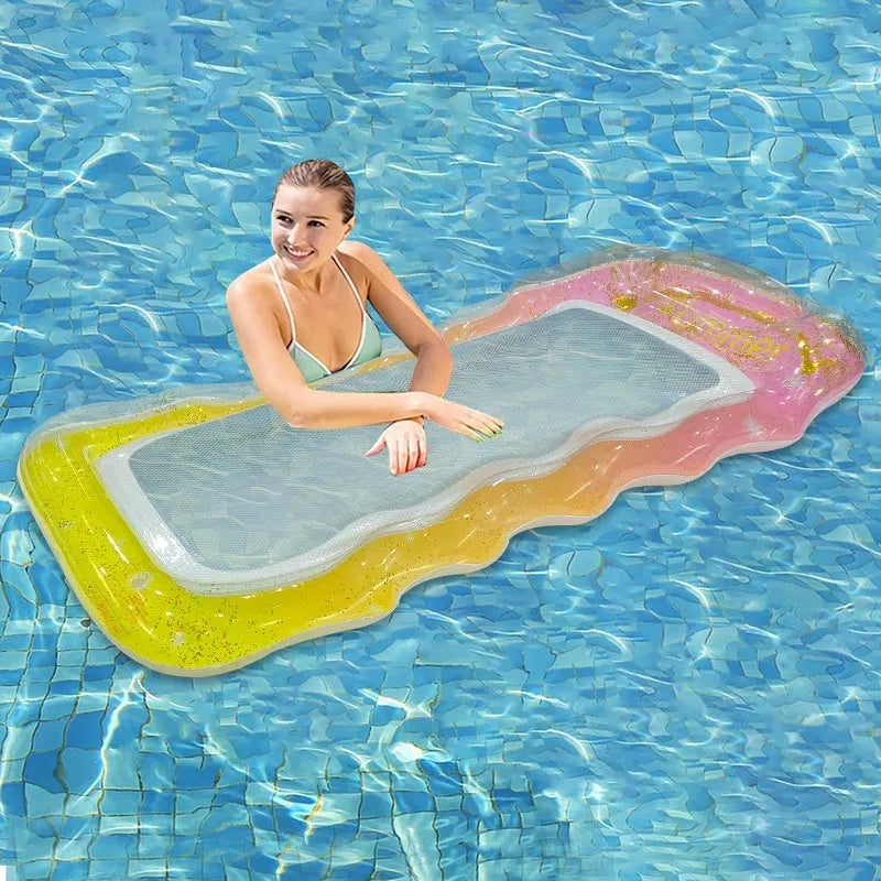 Thick PVC inflatable floating row with sequins and gradient designs in various colours including blue, pink, and green
