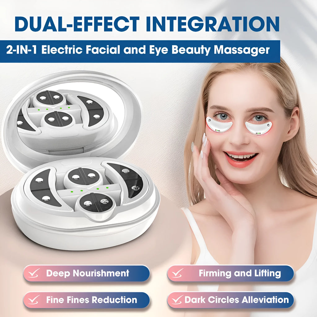 White wireless red light EMS facial and eye massage beauty device on a clean background.