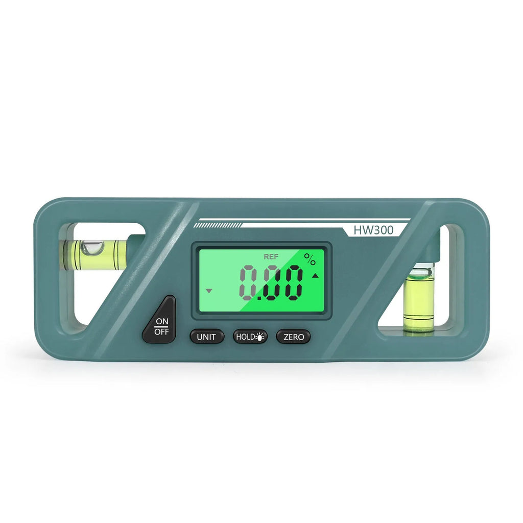 Black digital inclinometer level meter with magnetic base and LCD screen showing angle reading.
