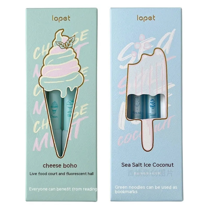 Double-ended fluorescent highlighter pen with ice cream sponge press design and 0.5mm tip