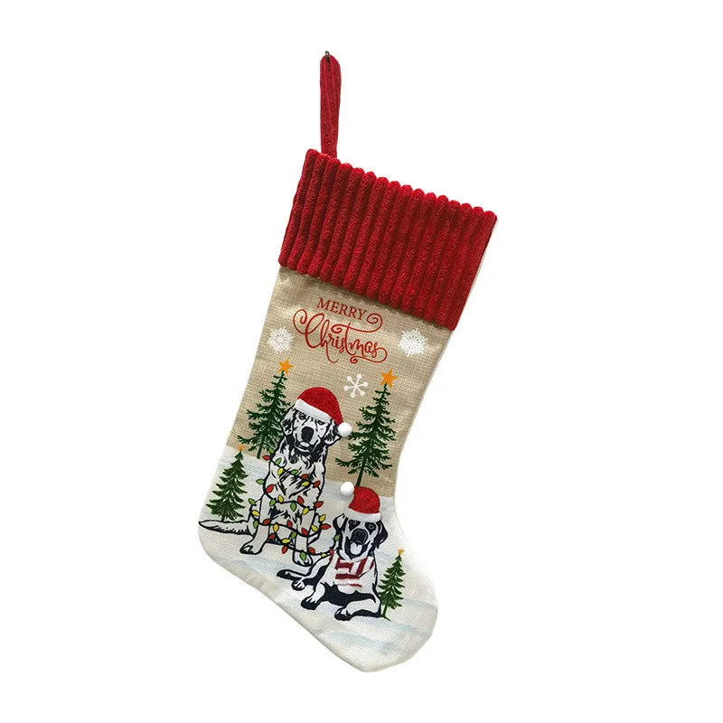 Cloth fabric Christmas stocking decoration with pendant charm measuring 46 by 28 centimetres