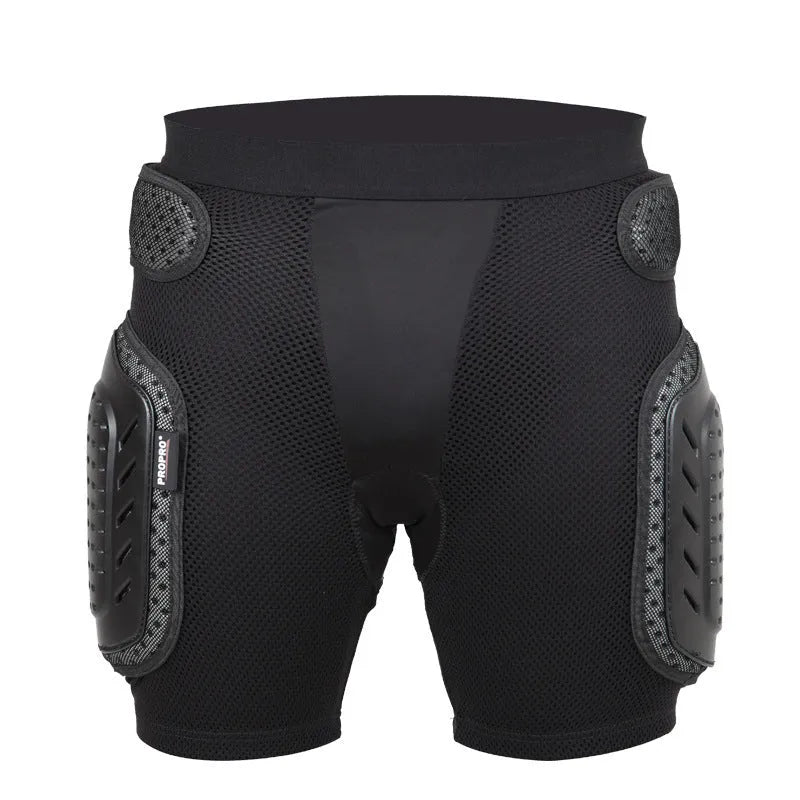 Black cycling hip protection pants showing padded hip area, sizes S M L XL available