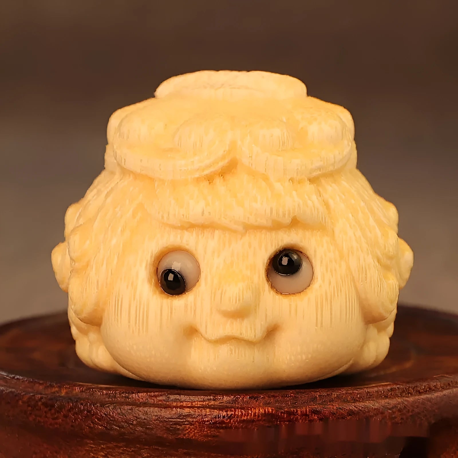 Solid bamboo carving ornament of a cute Princess Toad, approximately 5.0 cm in size.