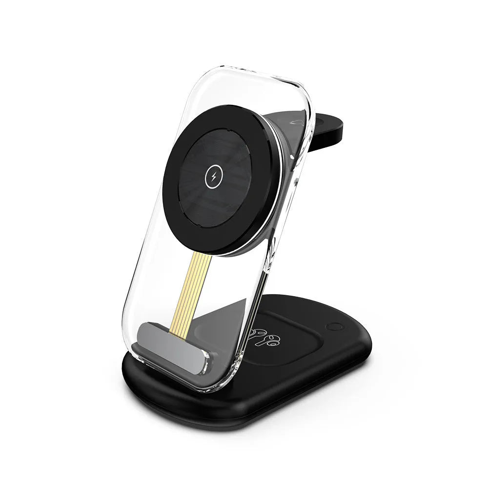 Transparent folding magnetic wireless charger showing internal components and magnetic alignment