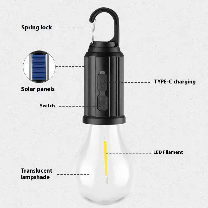 Outdoor solar camping lantern with hooks and tungsten lamp, 12 to 16 hour light