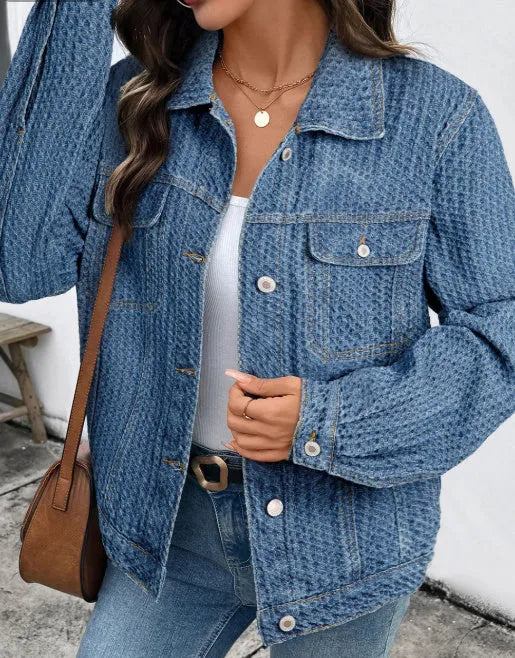 Blue double flap pocket denim textured button down jacket for women, cotton blend, sizes S to 2XL