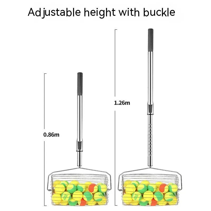 Stainless steel manual roller tennis ball picker for collecting 30 or 60 balls on court.