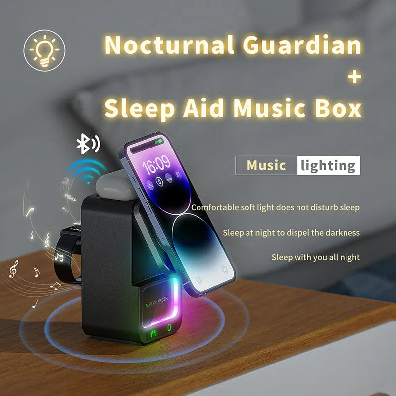 Black and white Bluetooth speaker wireless charger with magnetic charging support on desk
