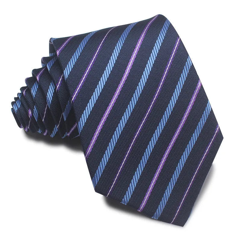 Men's striped polyester jacquard tie in red, black, and blue, showing arrow design and 8cm width.
