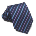 Men's striped polyester jacquard tie in red, black, and blue, showing arrow design and 8cm width.