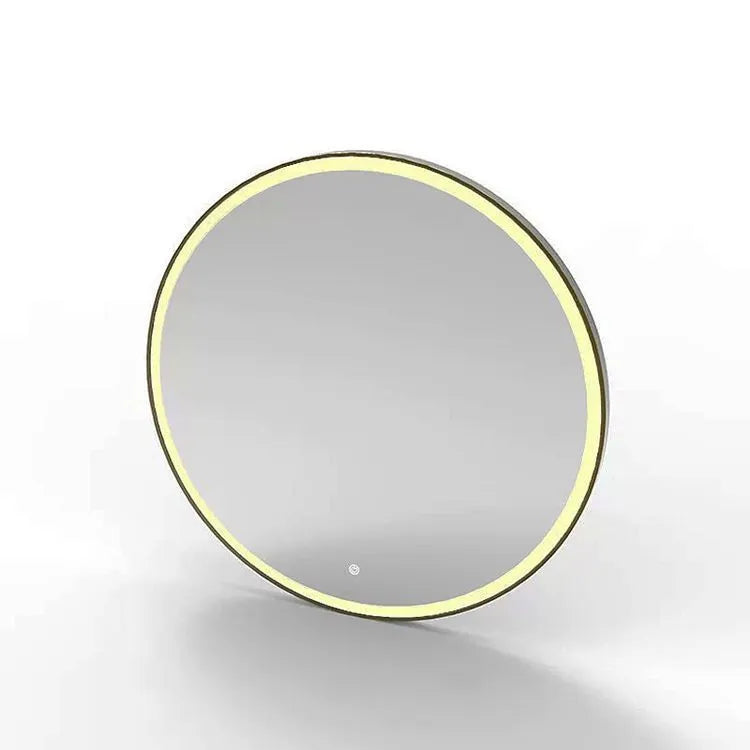 Round black aluminium frame wall mirror with integrated LED lighting around the edge.