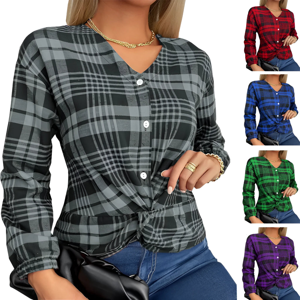 Women's loose fit plaid casual shirt in purple, grey or red with regular sleeves