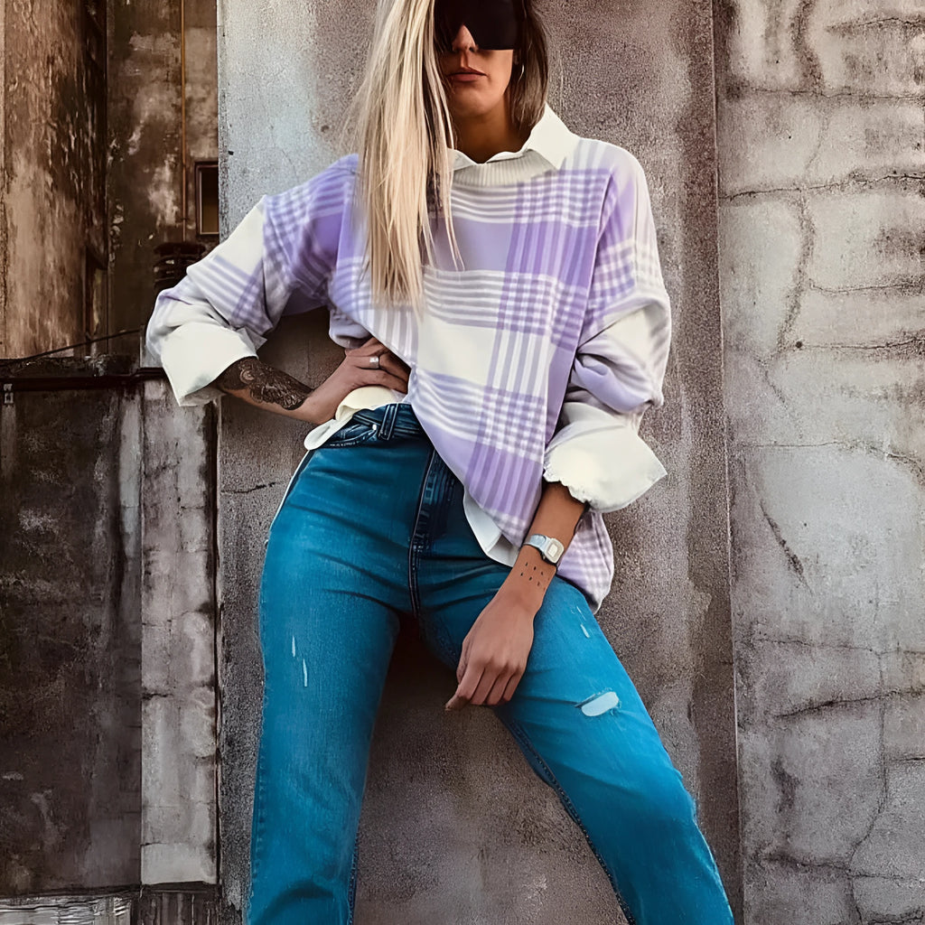 Lilac plaid print women's loose sweater with ribbed trim on long sleeves.
