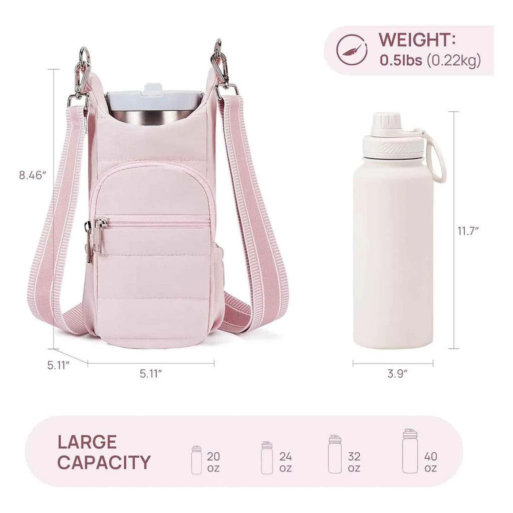 Cloth water bottle bag for bicycles in beige, black, or pink colour.