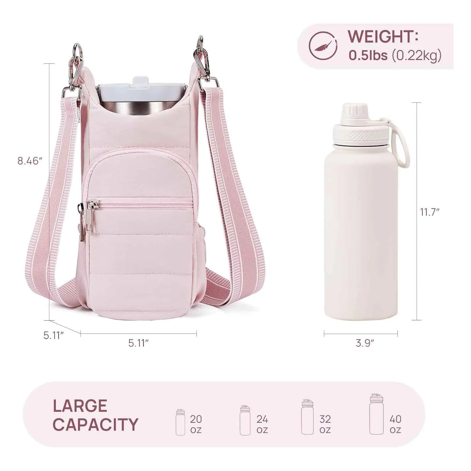Cloth water bottle bag for bicycles in beige, black, or pink colour.