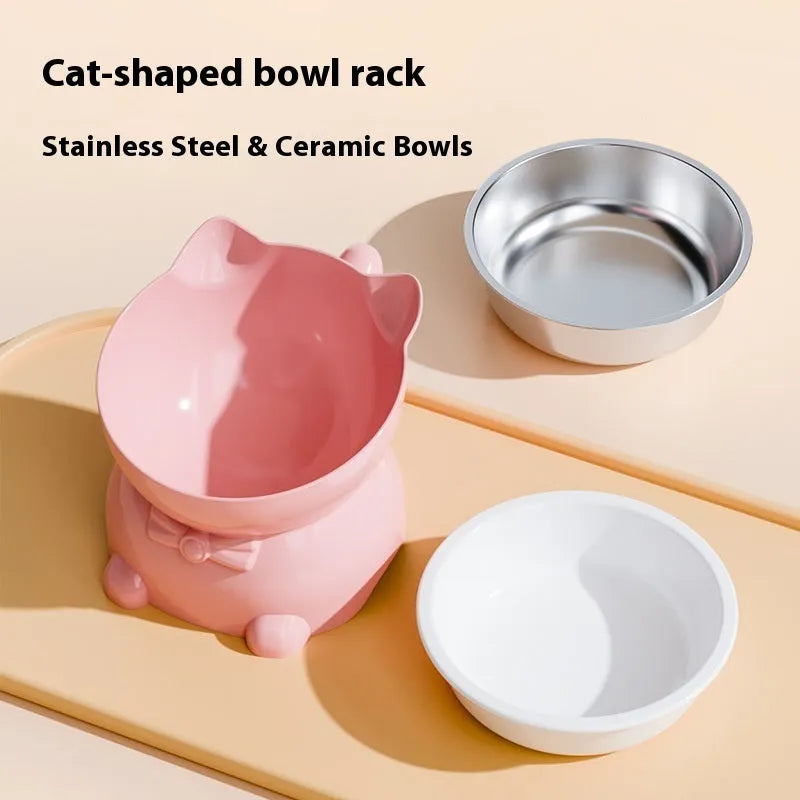 Oblique sloped stainless steel cat bowl in blue colour on a plain background